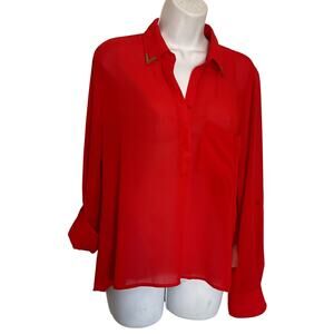 San Joy Red Open Back Semi Sheer Long Sleeve Blouse L